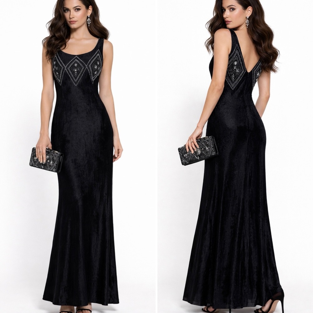 Vintage April Cornell Dark Romantic Black Velvet Beaded Maxi Dress Sz Small🧡